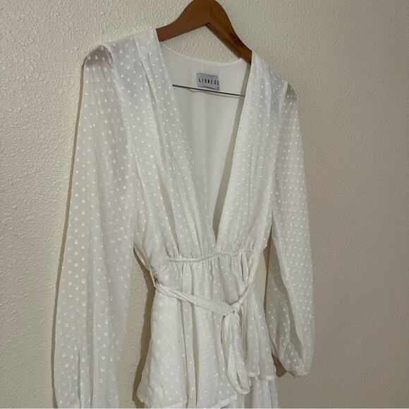 Lioness Legendary Lovers White Swiss Dot Long Sleeve Deep V Tie Waist Dress M - Picture 3 of 8
